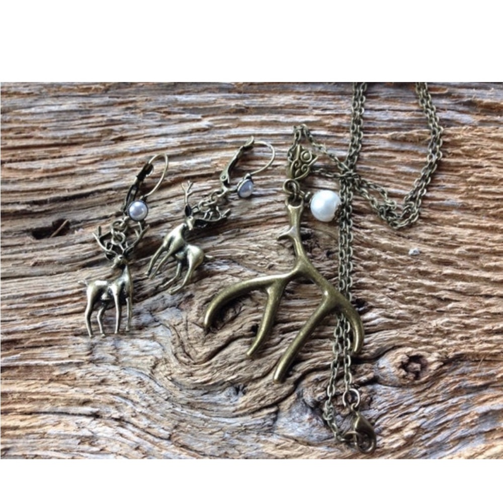 Deer earrings, deer necklace set, deer antler necklace, woodland necklace, deer